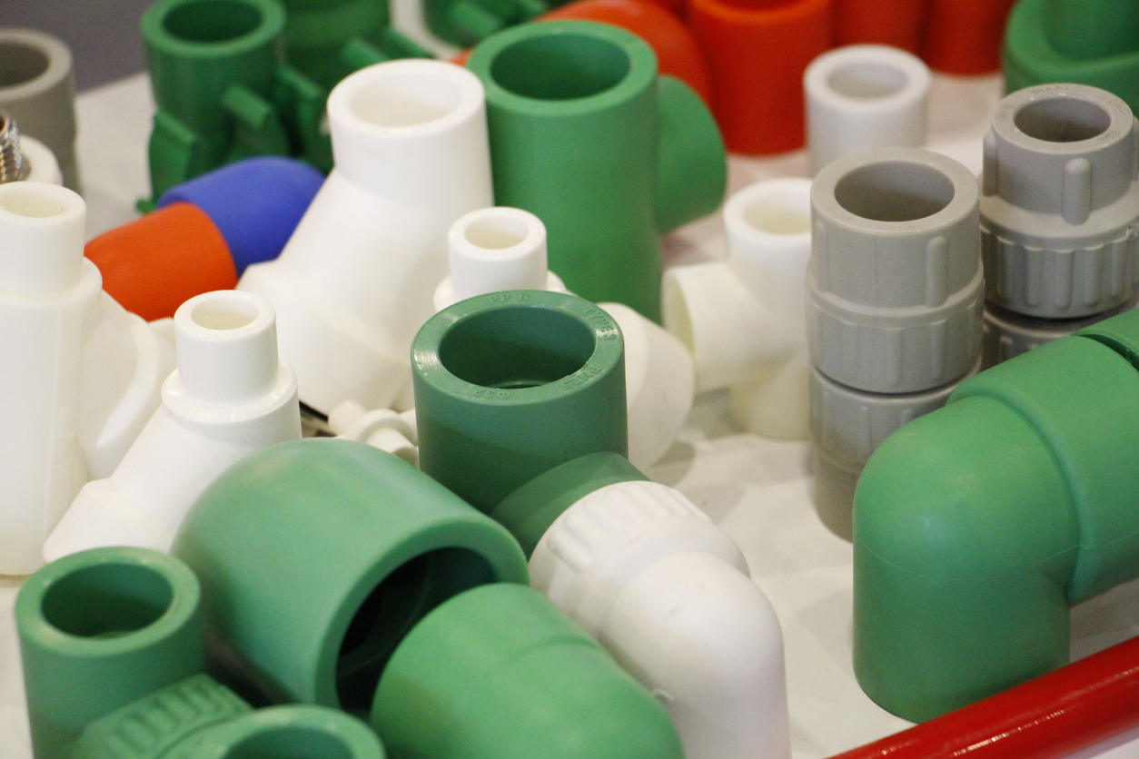 Plastic products including plugs, screws, valves, fittings, pipes, & adapters.