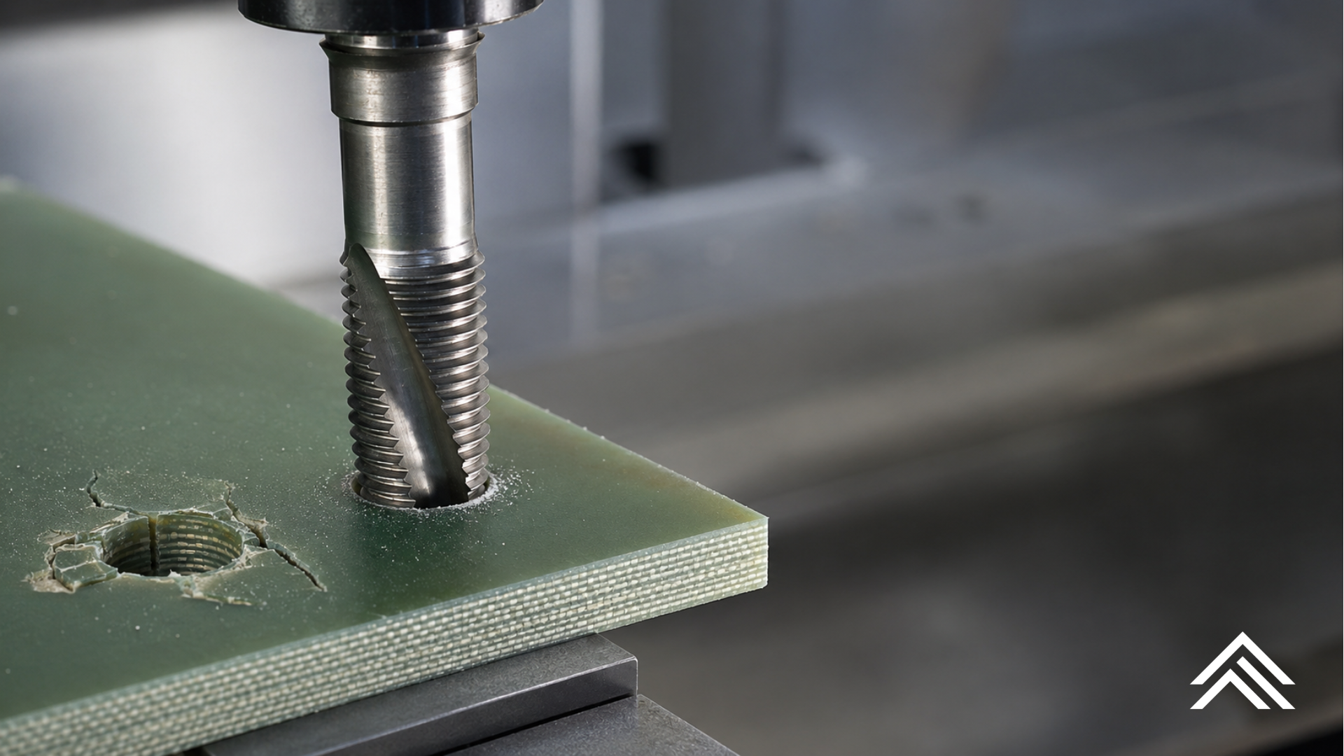 Cutting tap entering a G-10/FR-4 laminate beside a damaged thread showing breakout and delamination.