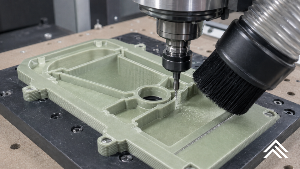 CNC machining a supported thin-wall G10/FR4 composite component to prevent warping and chatter.